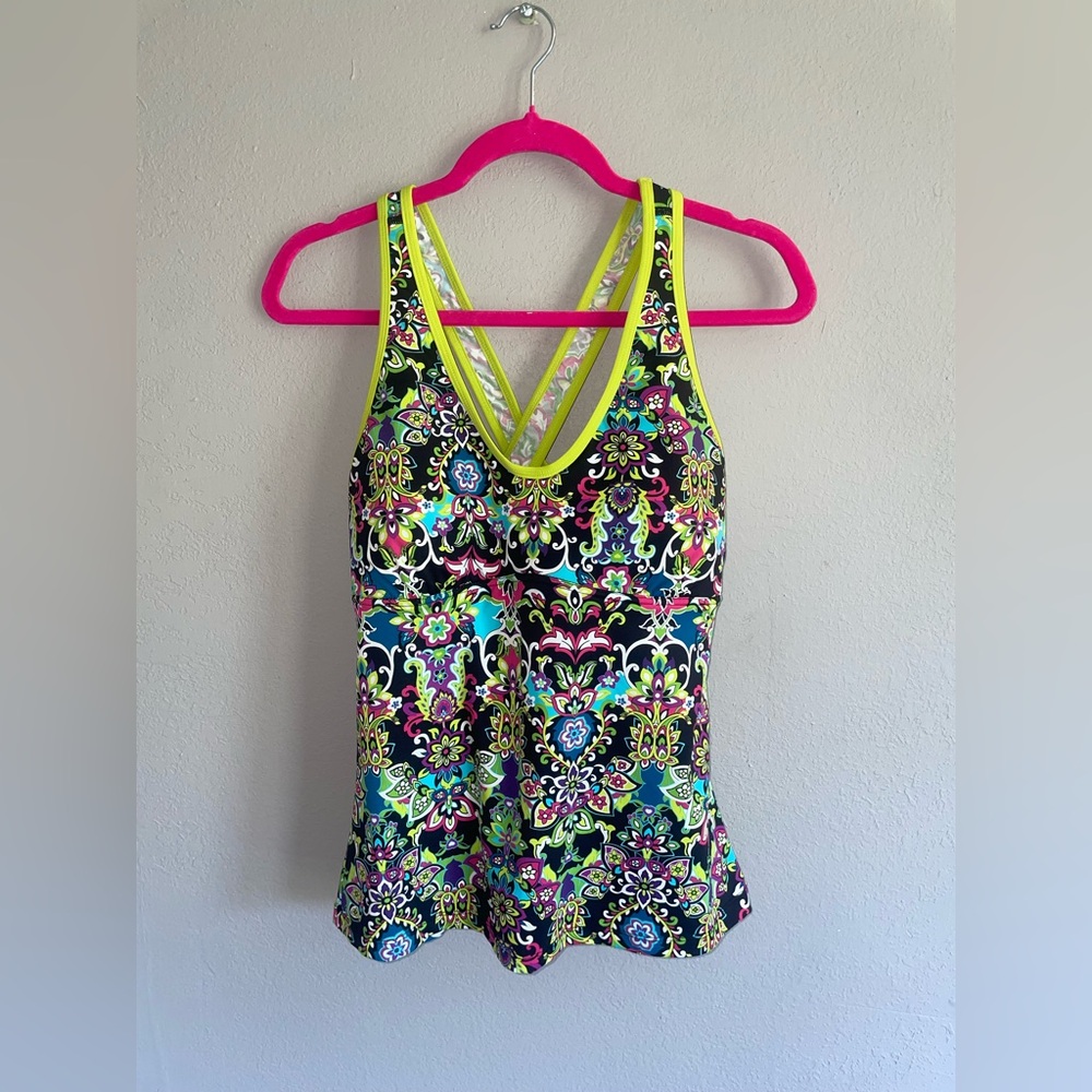Athleta Neon Yellow Trim Floral Print Tankini Top